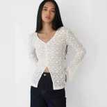 Lace Hollow Out Top Pearl Button Split Design Fitted Bell Sleeve Elegant Casual Wear for Women W
