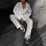 Womens Batwing Sleeve Zip Up Cotton Sweatshirt Set Solid Color Loose Fit Athletic Style Wholesal