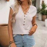 Vintage Striped Knit Top V Neck Flutter Sleeves Soft Fabric Casual Wear for Women Wholesale Avai