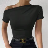 Womens Slim Fit Short Sleeve T Shirt Asymmetrical Neckline Solid Color Summer Style Wholesale Av