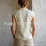 2026夏季欧美外贸杏色亚麻无袖T恤女小立领开叉褶皱宽松薄款休闲