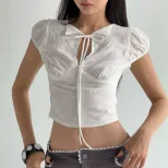 French Style Womens V Neck Short Sleeve Top Sweet Slim Fit Casual Spring Collection Wholesale Av
