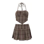 Vintage Striped Plaid Halter Top and Low Waist Pleated Skirt Set Spring Collection Womens Fashio