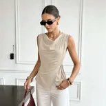 Sleeveless French Style Top Adjustable Drawstring Waist Irregular Hem Elegant Design Perfect for