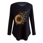 Womens Long Sleeve T Shirt V Neck Loose Fit Sunflower Print Summer Casual Wear Wholesale Availab