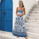Bohemian Strapless Geometric Print Dress Vintage Style Sleeveless Lightweight Fabric Perfect for
