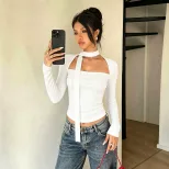 American Style Long Sleeve Crop Top Square Neck Slim Fit Adjustable Tie Soft Fabric Casual Wear