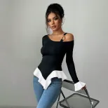 Black One Shoulder Top with Metal Ring Detail Asymmetrical Hem Ruffled White Trim Spring Summer