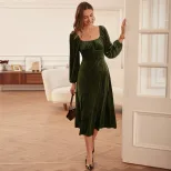 French Vintage A Line Velvet Dress Slim Fit Square Neck Long Sleeve Autumn Winter Fashion Wholes