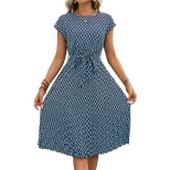 Geometric Print Short Sleeve Dress Minimalist Style Round Neck Comfortable Fabric Perfect for Ca