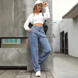 High Waisted Wide Leg Jeans Slim Fit Large Pockets Denim Fabric Casual Wear for Women Wholesale