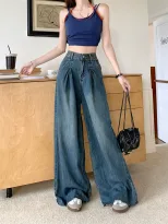 复古垂感牛仔裤女2023春秋设计感高腰辣妹宽松直筒拖地阔腿长裤