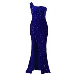 Elegant Sequin Maxi Dress Asymmetrical Shoulder Sexy Slit Fashionable Design Evening Wear Party