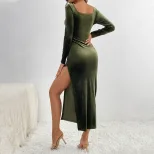 Elegant Velvet Bodycon Dress Long Sleeve Split Hem Slim Fit Spring and Autumn Fashion Wholesale