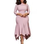 Elegant High Waisted Asymmetrical Dress Fashionable Slant Neck Three Quarter Sleeves Suitable fo