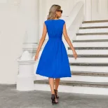 Elegant V Neck A Line Dress Waist Tie Flattering Fit Lightweight Fabric Summer Occasion Wholesal