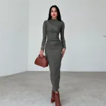 Womens Spring Dress Fashionable Solid Color Long Sleeve Slim Fit Round Neck Perfect for Casual o