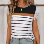 Elegant Casual Striped Lace Sleeveless T Shirt for Women Round Neck Trendy Design Perfect for Sp