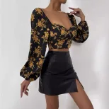 Vintage Floral Print T Shirt Short Puff Sleeves Square Neckline Lightweight Fabric Spring Summer