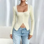 Sexy Crop Top T Shirt Long Sleeve Unique Design Spring Summer Womens Fashion for Casual Wear Who