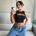 Womens Sexy Hollow Out Crop Top Slim Fit Spaghetti Straps Short Length Spring Summer Fashion Who
