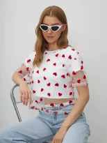 Color Block Heart Mesh Panel T Shirt for Women Short Sleeve Y2K Style Cotton Fabric Summer Casua