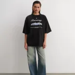 Loose Fit European Style Car Print Short Sleeve T Shirt for Women Summer Wash Effect Vintage Des