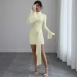 Fashionable Solid Color Bodycon Dress High Neck Flared Sleeves Slim Fit Casual or Evening Wear W