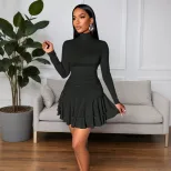 High Neck Bodycon Knit Dress Black Ruffled Hem Layered Design Short Length Perfect for Parties o
