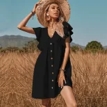 V Neck Button Down A Line Dress Floral Print Versatile Comfortable Fabric Casual Wear Spring Sum