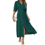 Summer Shirt Dress V Neck Tie Waist Mid Sleeve Green Casual Wear for Women Wholesale Available