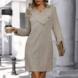 Knit Dress Autumn Collection Solid Color V Neck Ribbed Texture Casual Wear Wholesale Available