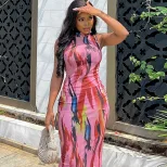 Sleeveless High Neck Bodycon Dress Fashionable Floral Print Mid Length Slim Fit Summer Casual We