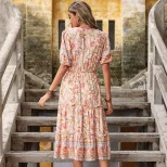 Floral Print V Neck Midi Dress Ruffled Hem Pink Color Country Style Perfect for Spring Summer Wh