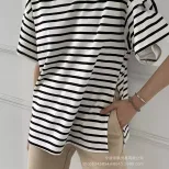 Womens Striped Cotton T Shirt Loose Fit Long Sleeve Split Hem Casual Spring Summer Style Wholesa