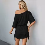 Batwing Sleeve Solid Color Dress Simple Design Pleated Detail Elegant Style Perfect for Parties