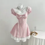Mini Dress Color Block Puff Sleeves Bow Tie Detail Waist Cinching Casual Wear for Women Ready to
