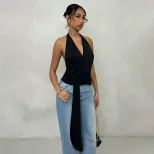 French Style Womens Summer Top Unique Halter Neck Deep V Backless Design Casual Wear for Fashion