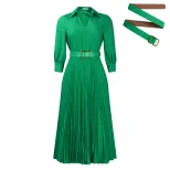 V Neck Long Sleeve Pleated Dress Solid Color Flowy Skirt Fashionable Design Spring Summer Wear W