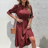 Elegant Vintage Short Sleeve Dress with Bow Detail in Dark Green and Red for Summer Wholesale ready to ship