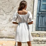 Womens A Line Dress Square Neck Puff Sleeves Waist Cinching Casual Vacation or Beach Wear Wholes