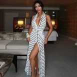 Striped Print Halter Neck V Neck Dress Twist Front Backless Waist Cinching Elegant Evening Gown