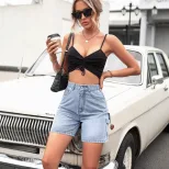 High Waisted Straight Leg Denim Shorts Stylish Casual Comfortable Summer Fashion for Women Whole