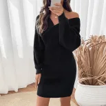 Casual Batwing Sleeve Sweater Dress V Neck Bodycon Fit Black Color Perfect for Everyday Wear Who