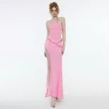 Summer Womens Dress Sexy Halter Neck Ruffled Trim Side Slit Design Perfect for Parties and Casua