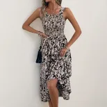 Abstract Print Ruffled Maxi Dress Sleeveless Beach Vacation Style Lightweight Fabric Wholesale A