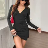 Deep V Long Sleeve Dress Elegant Solid Color Slim Fit Tie Detail Perfect for Casual or Evening W