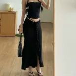 Elegant French Style High Waisted Midi Skirt Slim Fit Ruffled Hem Lace Up Design Perfect for Cas