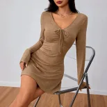 V Neck Drawstring Long Sleeve Dress Slim Fit Ruffled Short Skirt Versatile Style for Casual or P