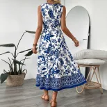 Vintage Floral Print Sleeveless Dress Summer Vacation Style Lightweight Fabric Elegant Design Wh